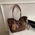 Large capacity dark brown tote bag with leather texture and plush bear charm - Brown with Pendant