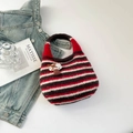 Retro striped knit tote bag with mushroom charm in red, brown, and cream white colors - Red