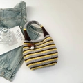 Knitted stripe tote bag in grey and yellow with a cute small mushroom charm - Yellow