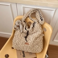 Beige faux shearling tote bag with a plush bunny charm and retro check lining - With Pendant / Milk Tea