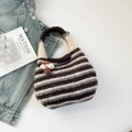 Retro knit striped handbag in brown and beige with cute mushroom charm and bow - Brown
