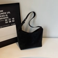 Minimalist black suede shoulder bag with adjustable silver buckle and deep brown lining - Black without Pendant
