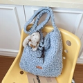 Blue teddy fleece tote bag with brown leather label and cute white rabbit pendant - With Pendant / Blue