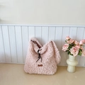 Pink plush faux fur tote bag with brown leather label and drawstring closure detail - No Pendant / Pink