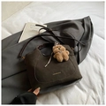 Retro large capacity dark brown suede bucket bag with cute bear charm and golden logo - Coffee with Pendant