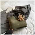 Olive green vintage large capacity bucket bag in textured leather with a cute bear charm - Wilted Leaf Green With Pendant