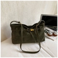 Olive green minimalist large shoulder bag with gold square metal buckle and matte texture - Green