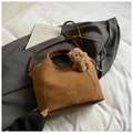 Brown vintage large capacity bucket bag in matte leather with a plush bear charm - Brown with Pendant