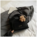 Retro black leather bucket bag with gold logo and cute brown teddy bear charm accessory - Black with Pendant