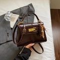 Dark brown leather shoulder bag with vintage wood bead charm and golden buckle closure - Coffee with Pendant