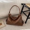 Grand sac cabas minimaliste en cuir PU marron caramel avec large bandoulière - Brun Sans Pendentif