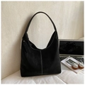 Sac hobo minimaliste en daim noir avec coutures contrastées et étiquette en cuir - Noir sans Pendentif