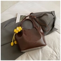Dark brown high-gloss tote bag with yellow crochet flower pendant and adjustable strap - With Pendant / Coffee with Pendant