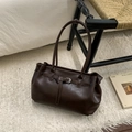 Minimalist large capacity dark brown faux leather tote bag with vintage silver buckle - Coffee without Pendant