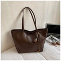 Deep brown oversized vintage faux leather tote bag with elegant tassel charm detail - With Charm Style / Coffee with Pendant