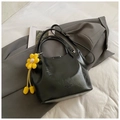 Minimalist black PU leather tote bag with yellow knitted sunflower charm accent - With Pendant / Black with Pendant