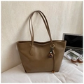 Brown faux leather tote bag with long straps and flower pendant for daily commuting - With Charm Style / Beige Khaki With Charm