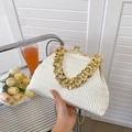 White ruched shell crossbody bag with chunky gold chain strap and polished PU leather finish - White