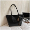 Large black faux leather tote bag with elegant tassel charm for office commuting - With Charm Style / Black with Pendant
