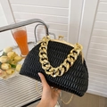 Chic black pleated cloud bag with vintage gold metal clasp and chunky chain strap - Black