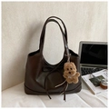 Dark brown faux leather tote bag with bow detail and plush bear charm for daily commute - With Charm / Brown
