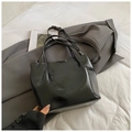 Minimalist black patent leather bucket bag with top handles and adjustable strap - Black without Pendant