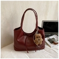 Burgundy faux leather tote bag with bow detail and cute plush puppy charm accessory - With Charm / Burgundy
