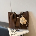 Minimalist large dark brown leather tote bag with a cute plush bear charm for daily commute - With Charm / Brown