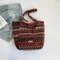 Ethnic bohemian plush tote bag featuring colorful geometric patterns and soft texture - Brown
