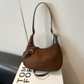 Minimalist brown suede hobo bag with vintage leather trim and golden metal buckles - Brown No Pendant