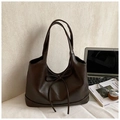 Stylish deep brown tote bag for women featuring a minimalist ribbon bow detail and glossy finish - No Pendant / Brown