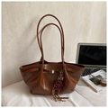 Brown large capacity leather tote bag with glossy finish and cute bear charm - Brown