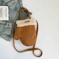Brown glove-shaped plush crossbody bag with white shearling trim and long shoulder strap - Brown
