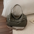 Olive green faux leather tote bag with silver studs and ethnic style woven strap - Green Without Pendant