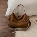 Brown leather tote bag with silver snap buttons and a wide patterned shoulder strap - Brown No Pendant