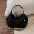 Black large tote bag in frosted texture with stylish wide woven floral shoulder strap - Black without Pendant