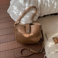 Brown lychee leather bucket bag with U-shape design and silver metal buckle - Brown