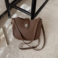 Vintage brown lychee grain leather hobo shoulder bag with silver square buckle - Brown
