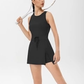 Black backless tennis dress with side slit, drawstring waist and built-in safety shorts - S / Black
