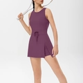 Deep purple backless tennis dress with side slit and waist drawstring for fitness - S / Purple