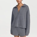 Ensemble décontracté deux pièces pour femme avec haut à manches longues col V et short gris - M / Haut Gris Anthracite