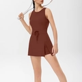 Brown backless tennis dress with side drawstring slit and built-in shorts for sports - S / Brown