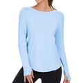 Women's light blue UPF 50+ long sleeve yoga shirt with thumb holes and side split hem - S / Tops / Light Blue