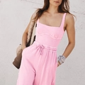 Roze sportset met tanktop met vierkante hals en joggingbroek voor yoga en fitness - S / Roze