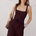 Women's burgundy athletic bodysuit set with square neck tank top and drawstring joggers - S / Top And Bottom / Brown