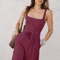 Bourgondië yoga jumpsuit set voor dames met vierkante hals en trekkoord broek - L / Roodbruin