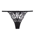 Detailed view of black lace thong with floral pattern and a silk bow decoration - S / Panties (087P) / Black