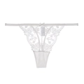 Detailed view of white floral lace T-back thong with a small center bow and washing label - S / Panties (087P) / White
