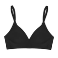 Detail view of seamless black wireless bra with V-neckline and adjustable straps - S / Black
