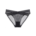 Detail view of black lace panties with crisscross waist bands and a small bow decoration - S / Black